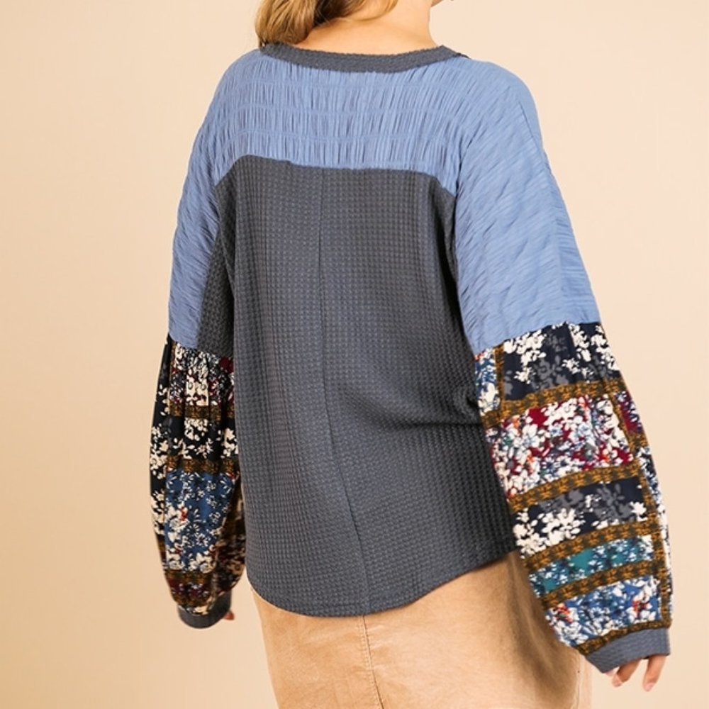 New UMGEE 1XL Floral Mixed Color block Print Long Sleeve Waffle Knit Top - Picture 3 of 6